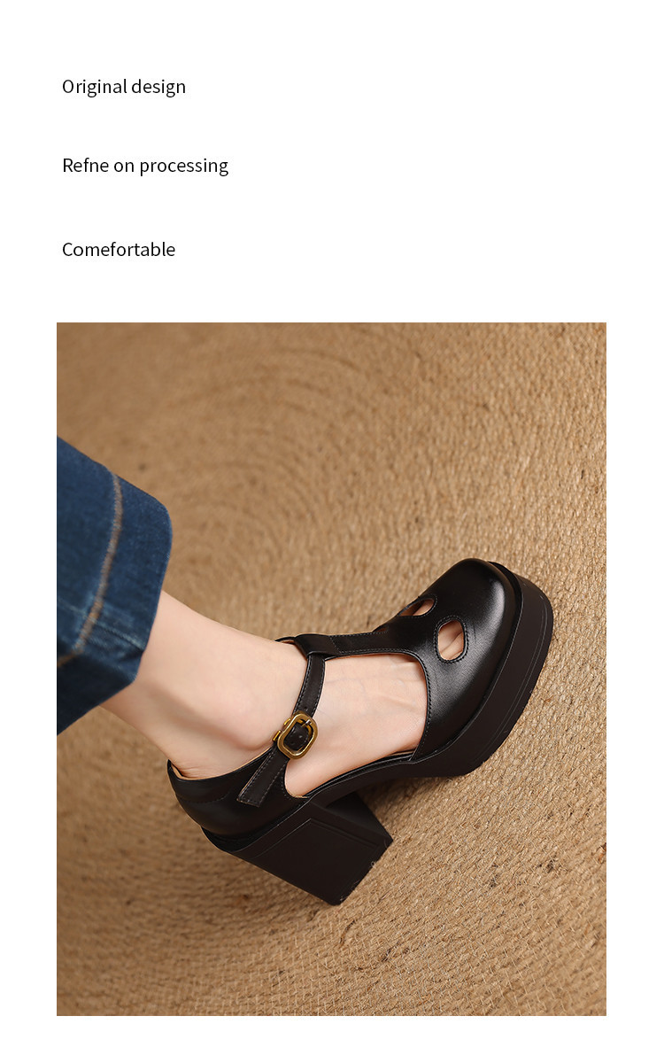 Sandal nữ đế xuồng platform gót vuông phong cách vintage khóa kim loại — màu nâu, màu đen chi tiết 6