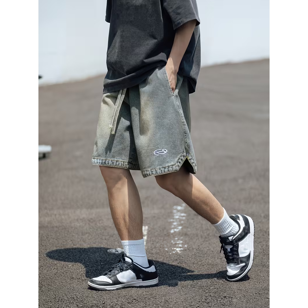 Men's Relaxed Fit Denim Shorts 5-Inch Inseam Drawstring Waist Casual Streetwear Summer Shorts Breathable Cotton Fabric_viptrois.com