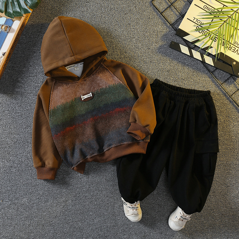 6095 Traje casual para niños Primavera y otoño 2024 Nuevo suéter con capucha para niños Traje de dos piezas de moda de otoño para bebés