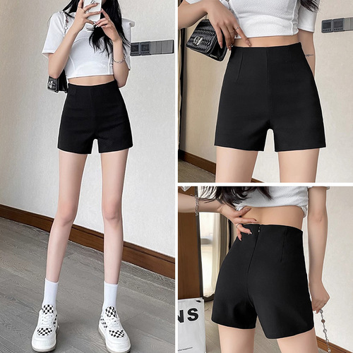 Women's Versatile Slimming Elastic A-line Summer Shorts, Black High-Waisted, Outerwear, Girl Group Fitted Pants
