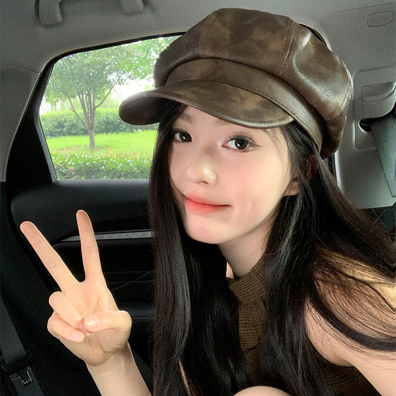 Británico estilo PU cuero boina de ocho ángulos mujer primavera y verano versátil cara pequeña sombrero pintor japonés del Renacimiento