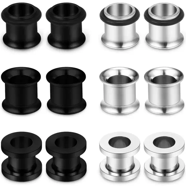 6 Pairs of Tunnel Screw-Fit Plugs in Medical-Grade Steel Ear Stretching Piercing Jewelry Set