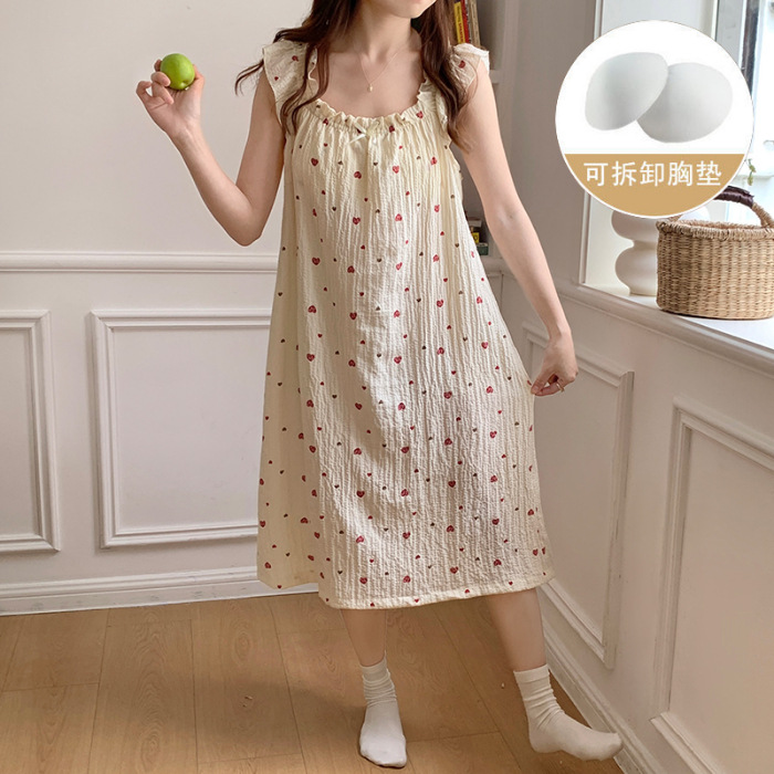 Pijama de verano, vestido de mujer, nuevo estilo con cojín de pecho, flores dulces, estudiantes, pijamas caseros, cabello de acento