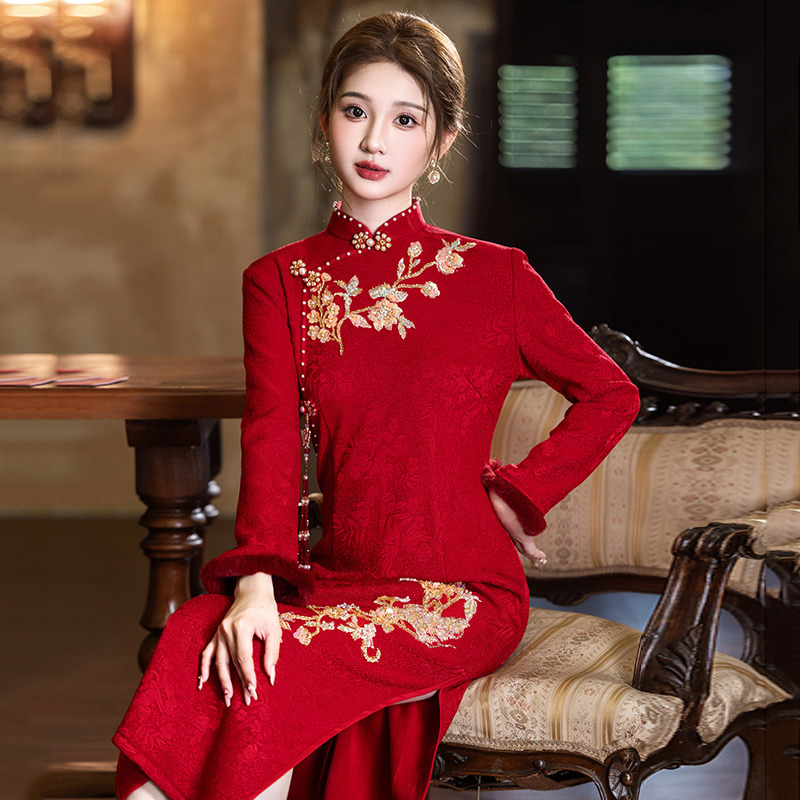 红色加绒加厚冬装旗袍女高级感新中式敬酒服新娘订婚结婚宴会礼服