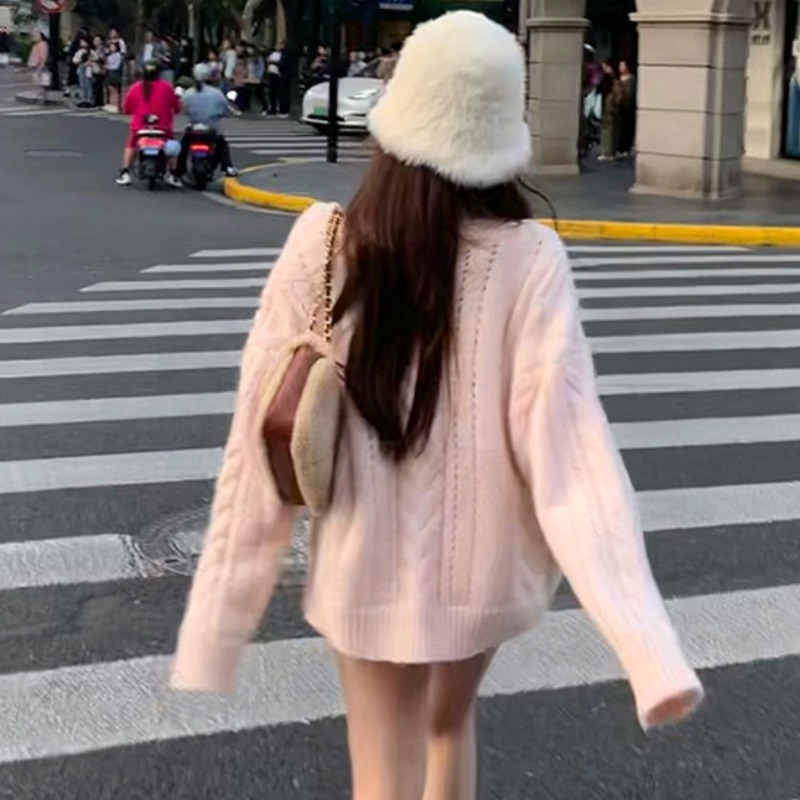 现货 新款淑女粉色v领毛衣外套女春款宽松慵懒麻花针织开衫|undefined