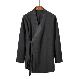 2023 autumn and winter New Chinese style men's cotton and linen Hanfu coat men's linen retro mid-length Zen clothing