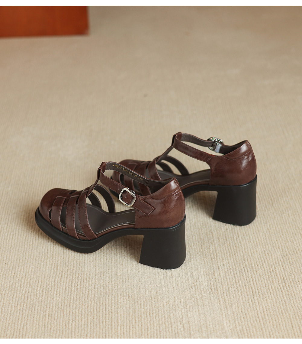 Sandal nữ phong cách La Mã gót dày 7 cm, mũi kín quai T, đế xuồng — màu nâu chi tiết 22