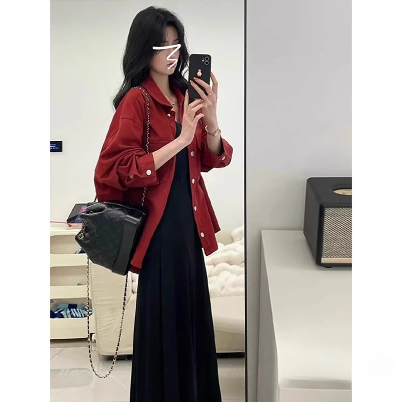 夏装搭配一整套小个子穿搭短款牛仔外套黑色吊带连衣裙两件套装女