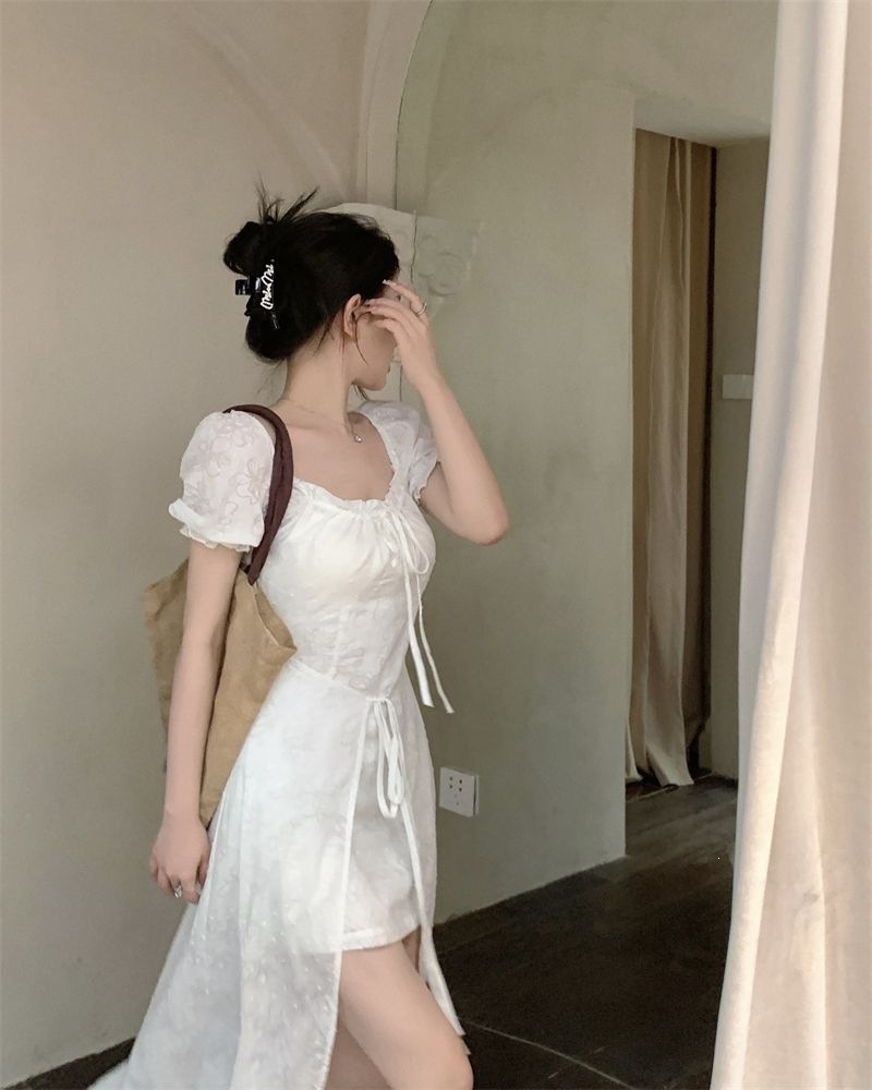 Váy dài cổ vuông tay ngắn thắt eo phong cách Pháp mùa hè — màu trắng chi tiết 6