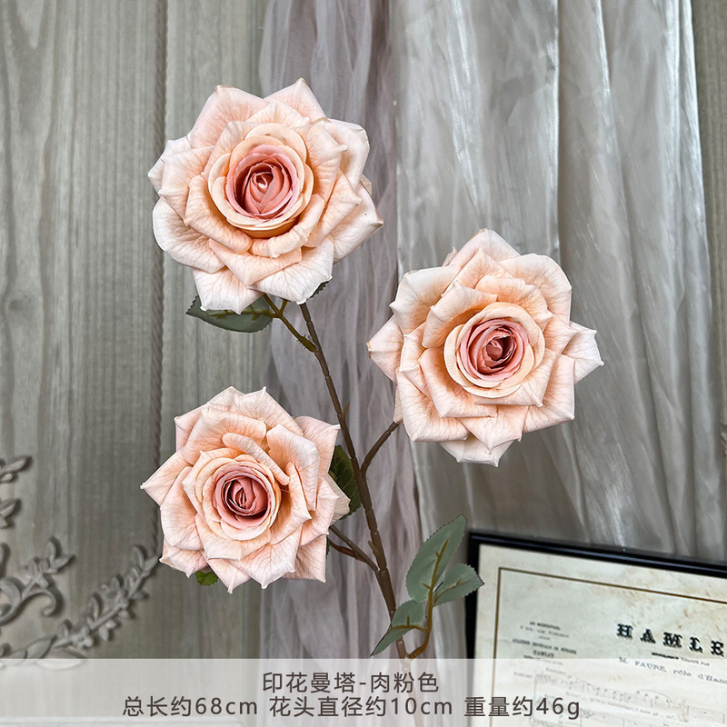 3つのプリントマンタローズ造花、家庭用リビングルーム用シルクフラワー装飾、フラワーアレンジメント、写真撮影小道具|undefined