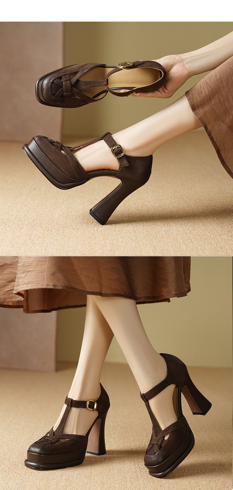 Giày sandal cao gót nữ bít mũi hở gót, quai chữ T, gót 12 cm, đế thô — Màu caramel chi tiết 4