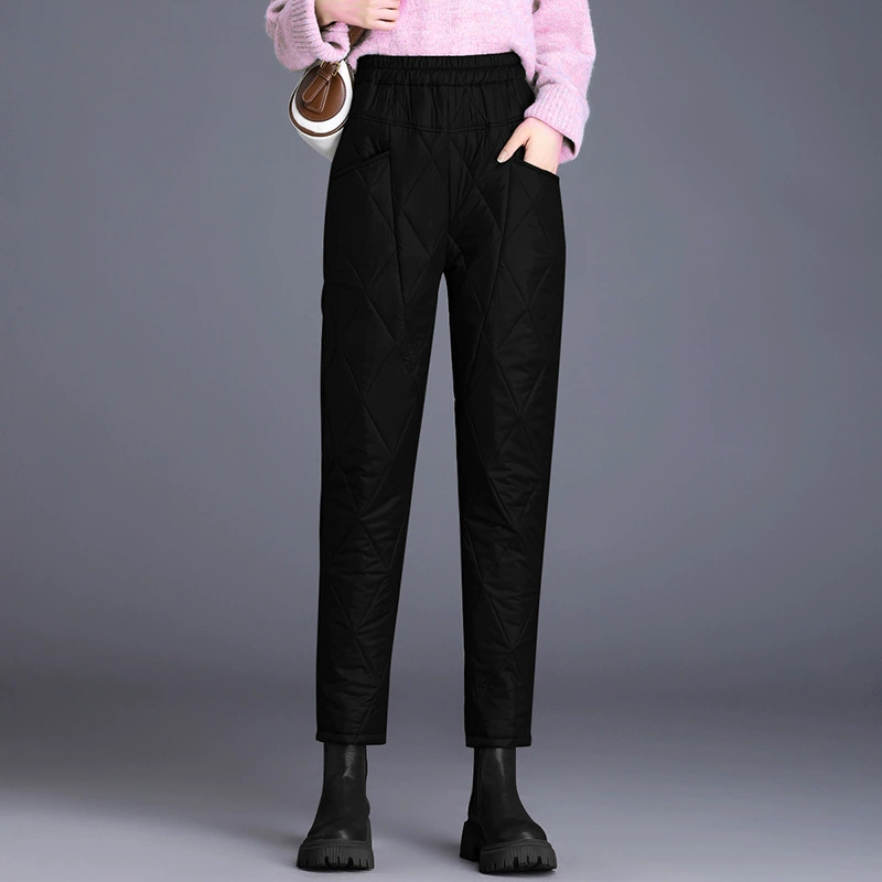 Women’s demi‑season quilted trousers, loose straight fit, lightweight warm, black/khaki, M–4XL