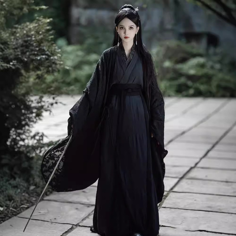 Black Hanfu Women's 2024 New Style Wei Jin Style Adult Ancient Suit Straight-fringing Antique Style Women's Spring and Autumn Big Sleeve Warring States Robe Black Hanfu Women's 2024 New Style Wei Jin Style Adult Ancient Suit Straight-fringing Antique Style Women's Spring and Autumn Big Sleeve Warring States Robe