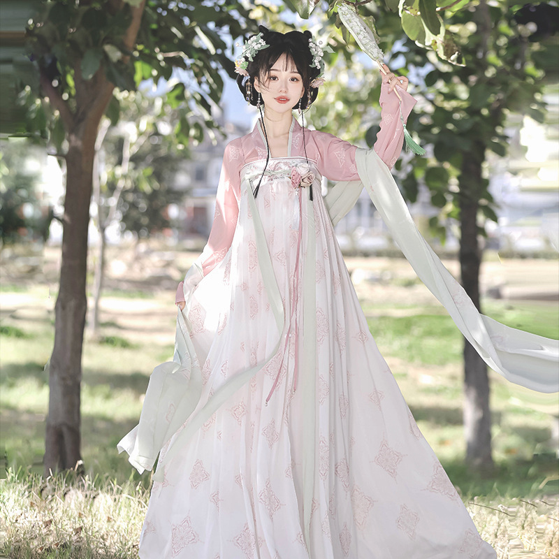 原创设计橙花尽唐制汉服女中国风汉元素披帛上襦齐胸裙套装9038|undefined