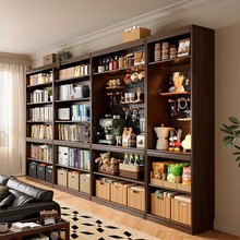 明峥家具厂木书架置物架落地去客厅化一体整墙收纳储物柜胡桃木色