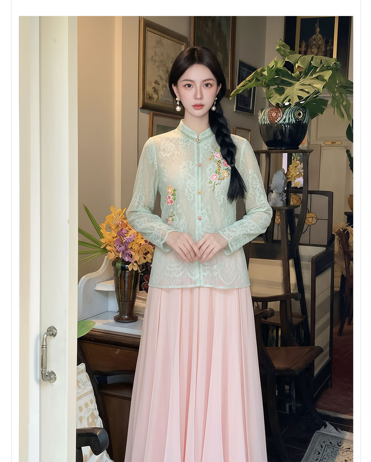 Bộ áo khoác và chân váy thêu hoa tơ tằm cao cấp phong cách Tân Trung Hoa — bộ đồ, nửa váy, áo khoác chi tiết 4