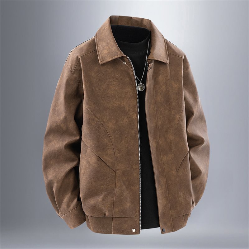 秋季新款男士美式潮牌机车服简约百搭立领皮衣宽松时尚皮夹克