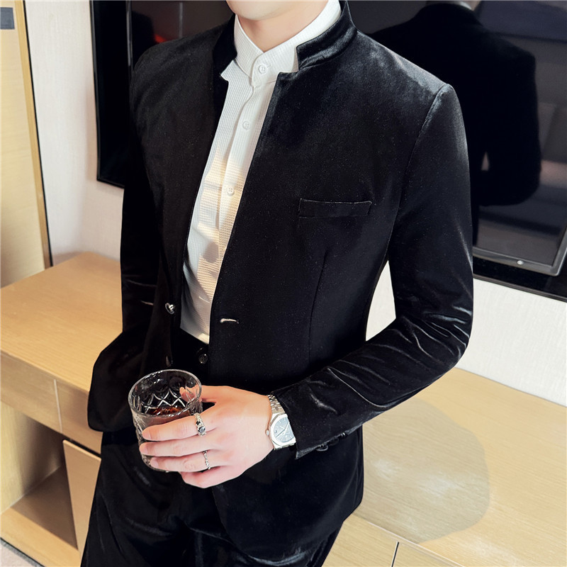 Men's Slim-fit Suit suit New Chinese-style High-end Collar Velvet Casual Suit Autumn and Winter Thickened Groom Suit Men's Slim-fit Suit suit New Chinese-style High-end Collar Velvet Casual Suit Autumn and Winter Thickened Groom Suit