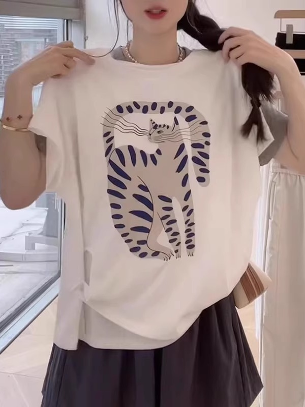 ピュアコットン猫プリント半袖Tシャツレディースプラスサイズ少し太ったMM夏サイドボタンウエストTシャツ多用途痩身トップ|undefined