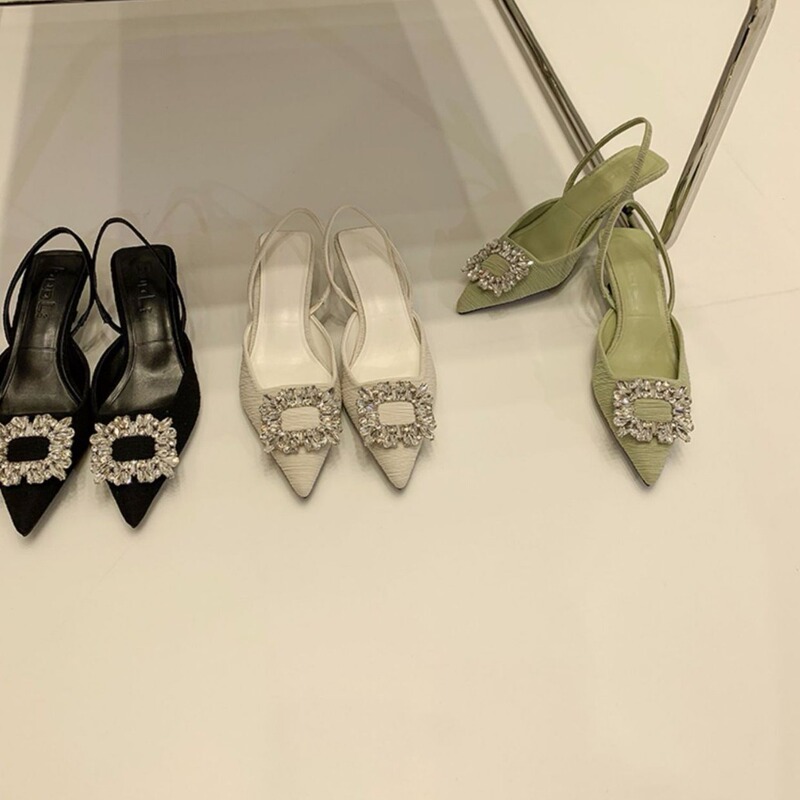 Toe Sandals Women's 2024 New Summer Rhinestone Square Buckle Fairy Wind Hare French Thin Heeled High Heeled Pointed Shoes