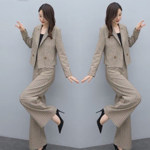 Plaid Suit Suit for Women Spring and Autum 205 New Korean Style Foreign Style Age-Reducing Fashionable Wide-Leg Pants Two-Piece Set in Stock