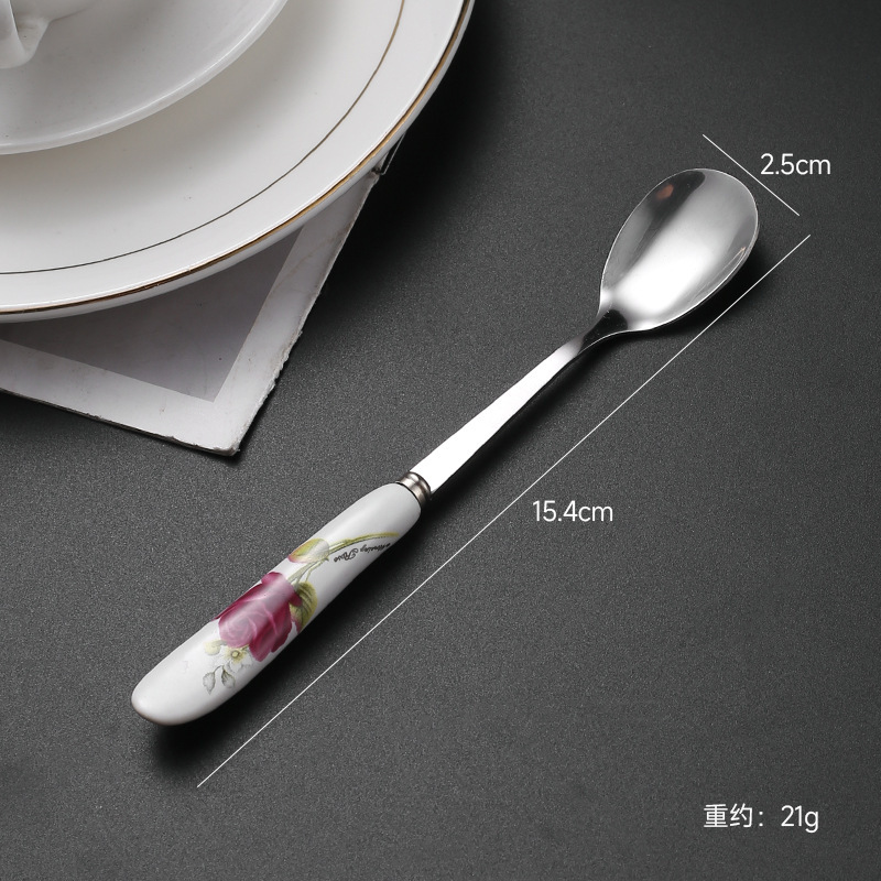 陶瓷多色花纹时尚创意长柄勺子酒店厨房搅拌勺配咖啡杯不绣钢彩釉|undefined