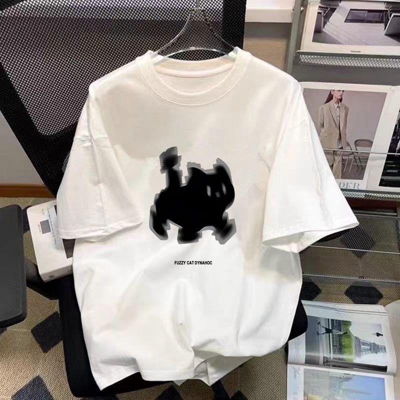 White Short Sleeve-Black Cat