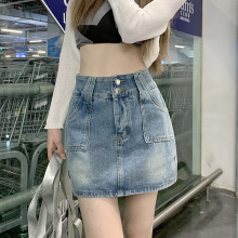美式复古辣妹口袋半身牛仔短裙女夏季高腰显瘦a字防走光包臀裙子