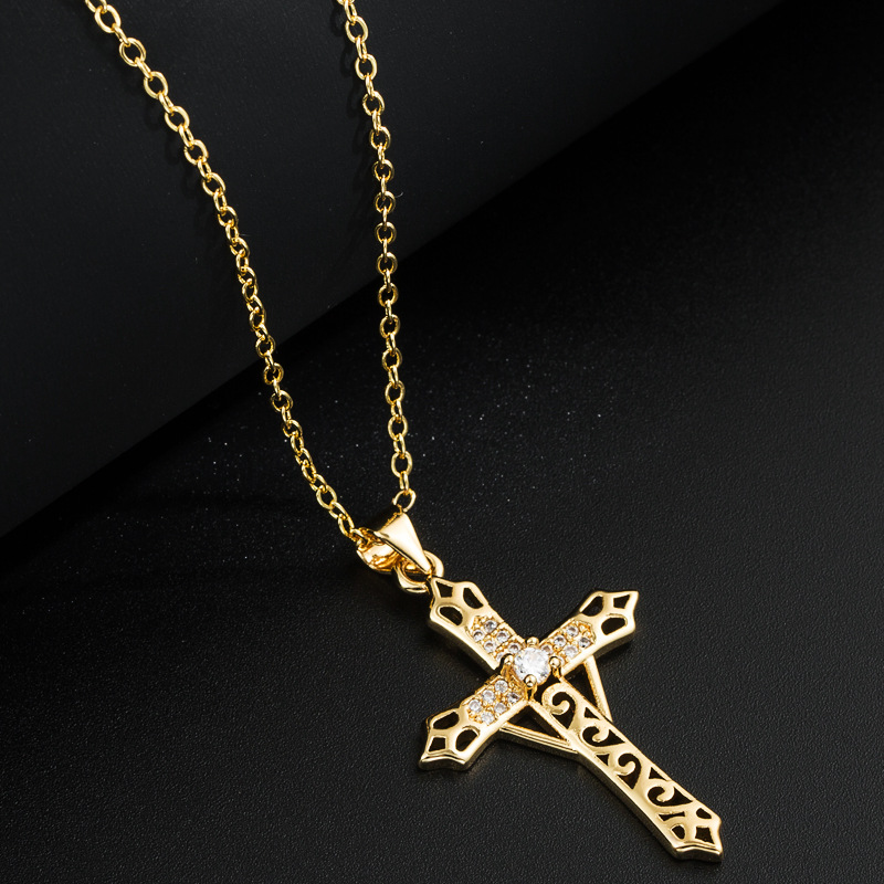 Creative Cross Religious Pendant Gold-plated Copper Pendant Inlaid Zircon Necklace display picture 5