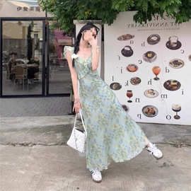 薄荷曼波风小飞袖碎花连衣裙2026春夏法式茶歇小个子显瘦气质长裙