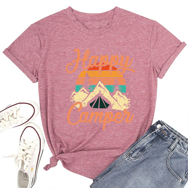2020 Cross-border Happy Campen Women's Rainbow Mountain-shaped Graphic Printed Loose Round Neck Colored Cotton Short-sleeved T-shirt