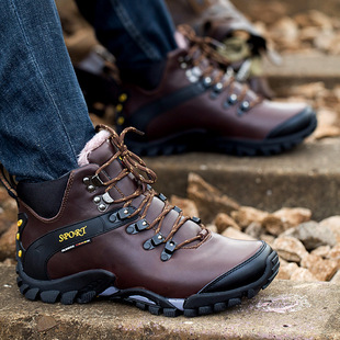 Cross-border New Autumn and Winter Genuine Leather Hiking Shoes Men's Outdoor Shoes Travel Shoes High-top Hiking Shoes Waterproof fleece-lined Hiking Shoes