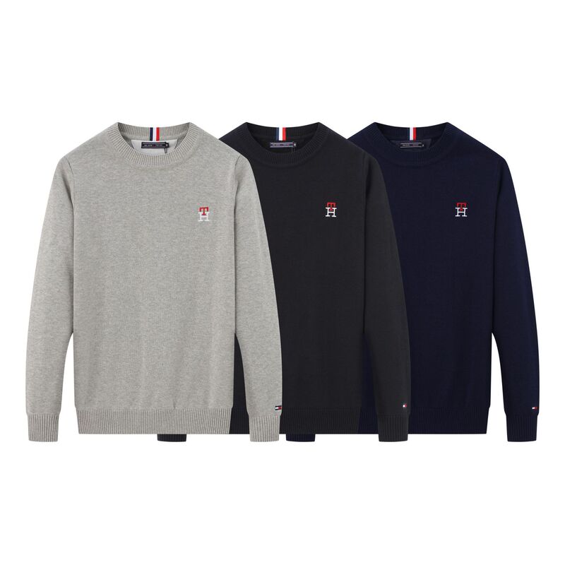 Cross-Border Winter New Men's Sweater Thickened Round Neck Tommy Knitwear Men's Pure Cotton Long-Sleeved Sweater