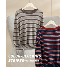 2025濮院秋冬新款条纹复古桑蚕丝羊绒羊毛圆领短款时髦针织衫上衣