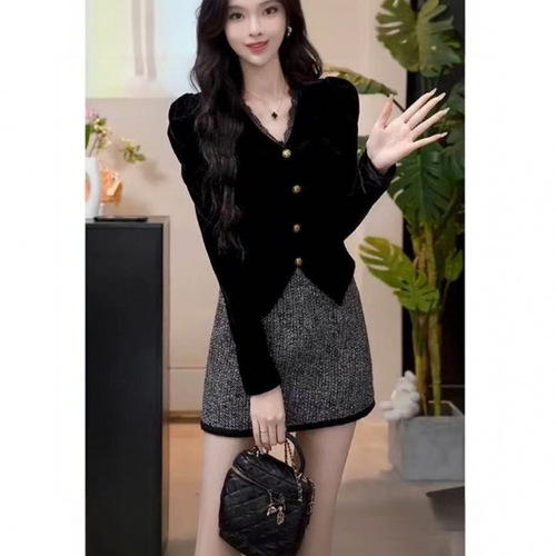Regular patchwork lantern sleeve hip-hop style lace blouse black niche fashion temperament princess small town small size