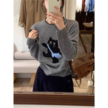 灰色卡通小猫提花圆领毛衣女秋冬外穿慵懒风宽松软糯针织衫上衣潮