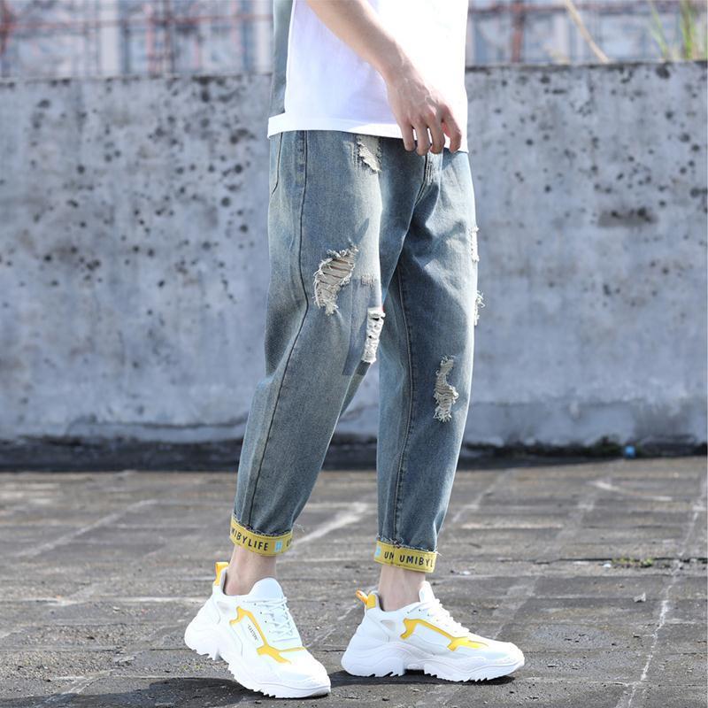 Jeans Slightly Fat Wear Plus Size Summer Thin Perforated Harlan Pippy and Handsome Trendy Cropped Pants Men's_voghion.com