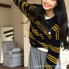 HONE韩国2025秋新款长袖polo领休闲撞色条纹针织衫羊毛复古毛衣女