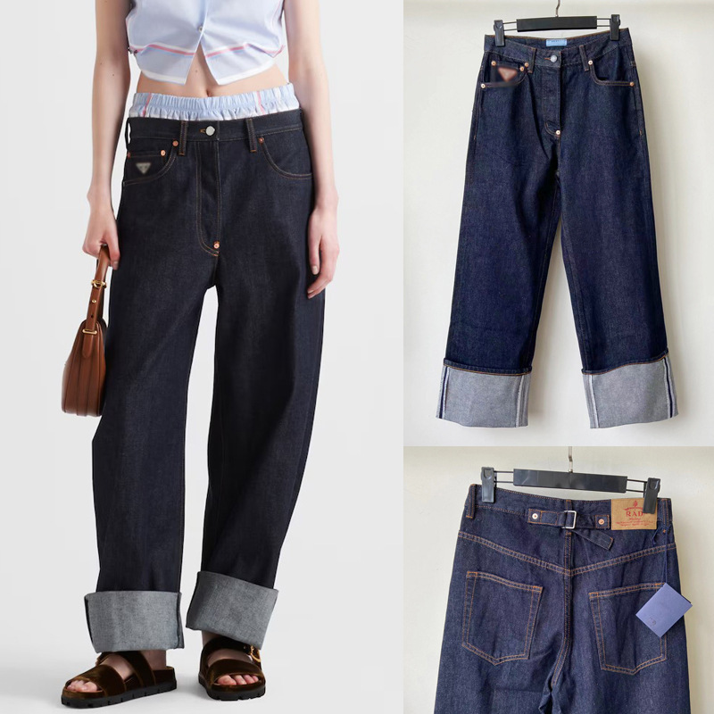 Real Shot of the New Autum Style P Family Triangle Logo Decorated Versatile Women's Pants Casual Straight Pants Cuffed Jeans