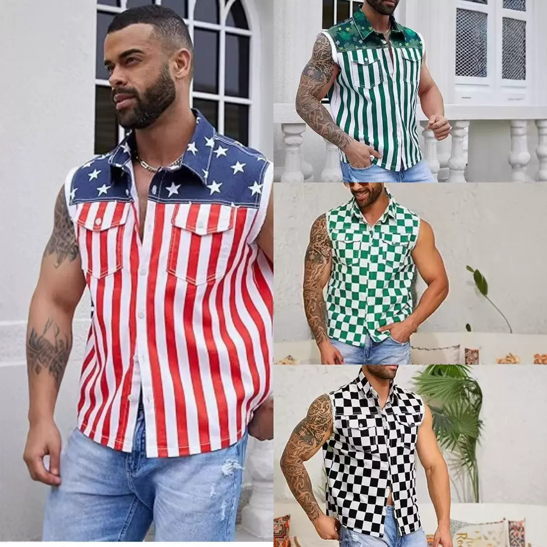 2025美国独立日欧美热推男式牛仔背心印花无袖夹克开衫工装外套