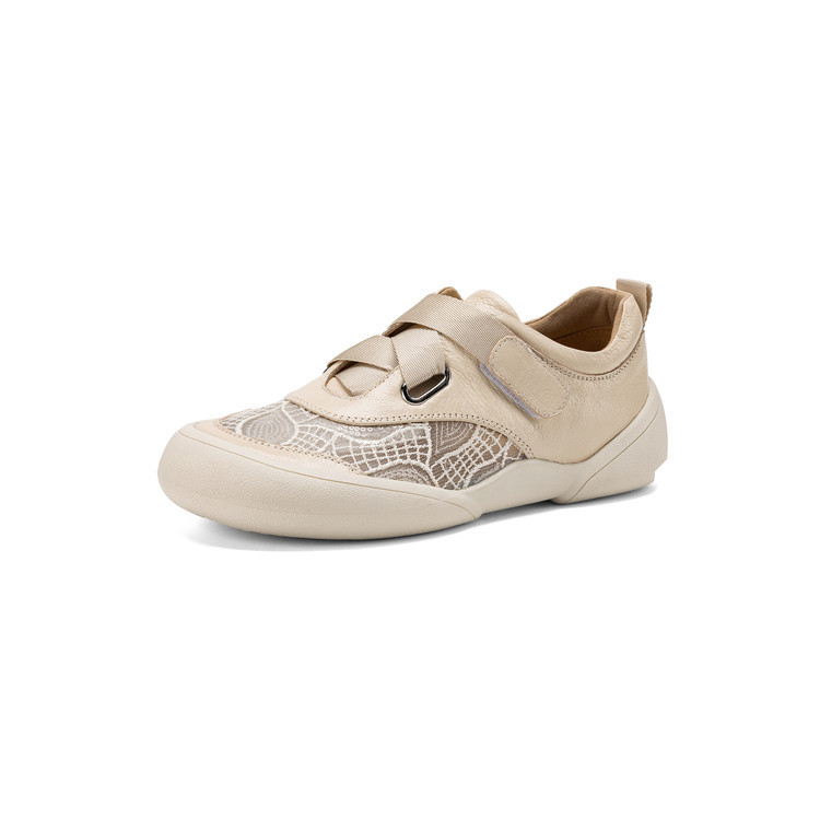 Giày sneaker nữ phối màu da thật lỗ thoáng khí đế bệt buộc dây kết hợp miếng dán — màu trắng ngà chi tiết 72