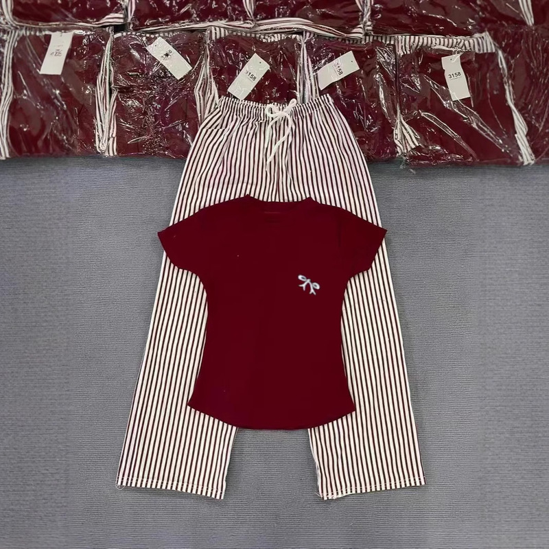 Cross-Border Women's Fashion Suit Summer Design Bow Embroidered Short-Sleeved T-Shirt Stripesd Wide-Leg Pants Two-Piece Set Cross-Border Women's Fashion Suit Summer Design Bow Embroidered Short-Sleeved T-Shirt Stripesd Wide-Leg Pants Two-Piece Set