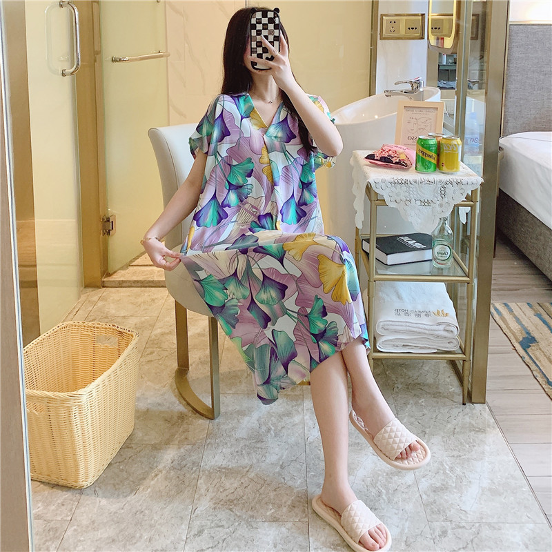 Camisón de seda de algodón para mujer verano nuevo Pijama estampado de dibujos animados de manga corta estilo coreano más tamaño ropa para el hogar suelta de seda de algodón delgada