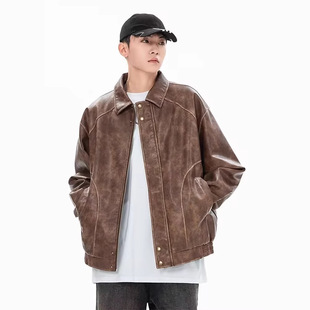 American High Street Color Washed Pu Leather Loose Leather Jacket Spring and Autum Basic Hip-Hop Bomber Jacket