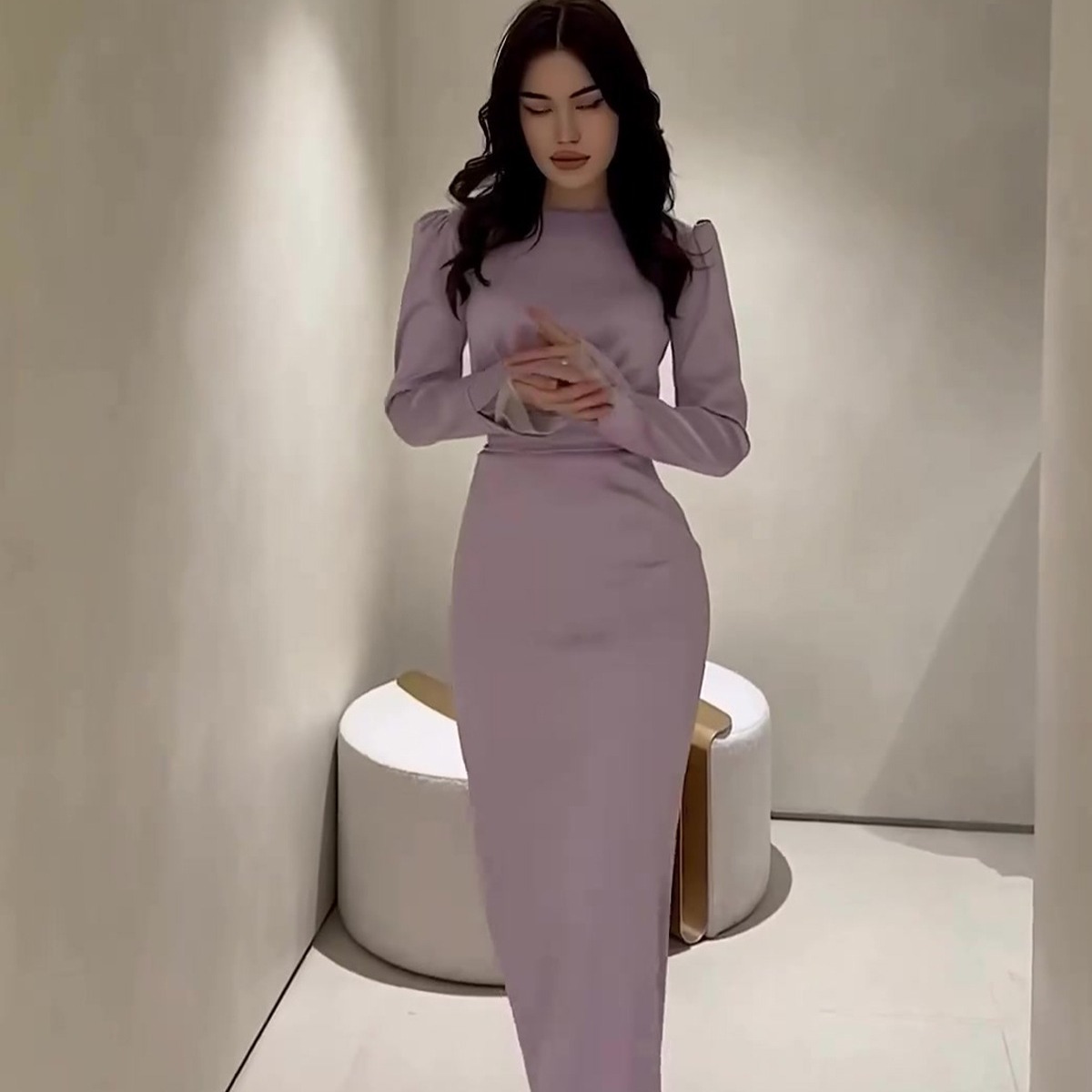 亚马逊欧美2025秋季新款褶皱收腰显瘦长袖法式宫廷连衣裙女