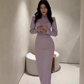 亚马逊欧美2025秋季新款褶皱收腰显瘦长袖法式宫廷连衣裙女