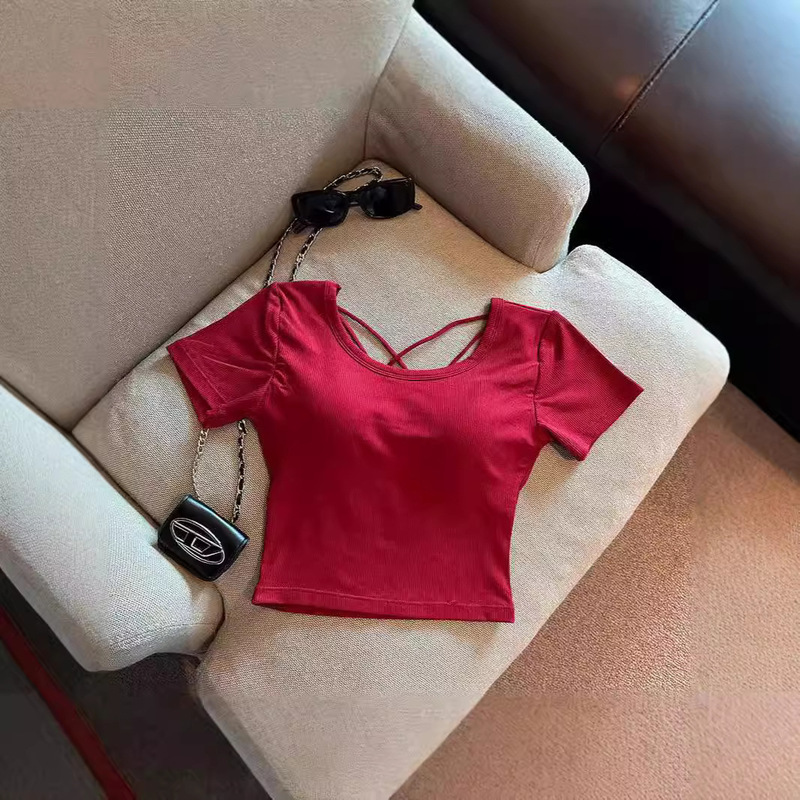 Hot Girls Sexy Backless Hollow Short-sleeved Top Summer New Slim-fit Round Neck T-shirt with Chest Pad Women's Short Shirt
