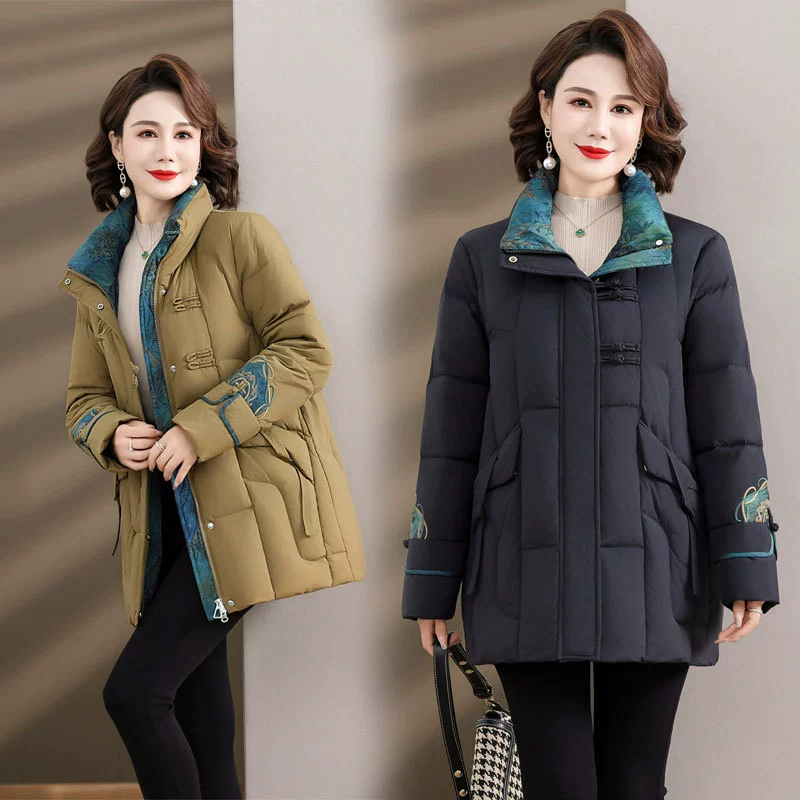 Осенне-зимняя одежда для мам, Новый пуховик в китайском стиле, женский зимний пуховик средней длины с пряжкой средней длины для 50 лет, женский пуховик на утином пуху