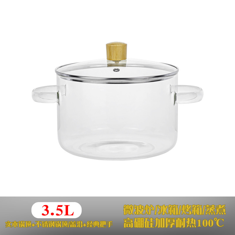 Fabricante mayorista de alto borosilicano puede quemar directamente la olla de vidrio de fuego abierto resistente a altas temperaturas transparente de doble oreja de aluminio para el hogar