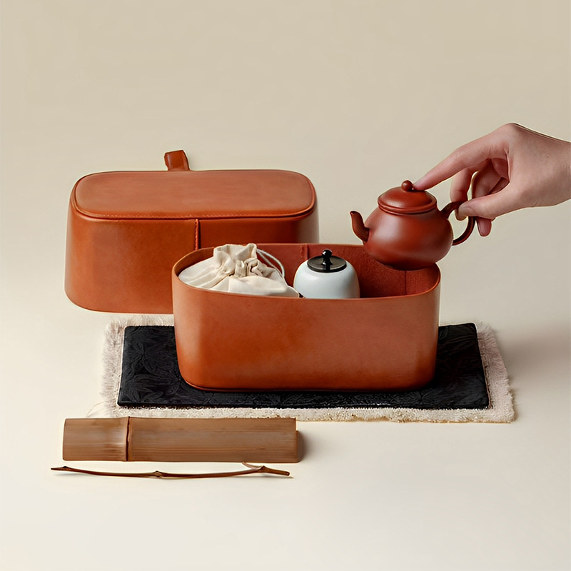 Moji 和風旅行茶セット レザー収納ボックス 1ポット 3カップ 屋外車載カンフー茶セット|undefined